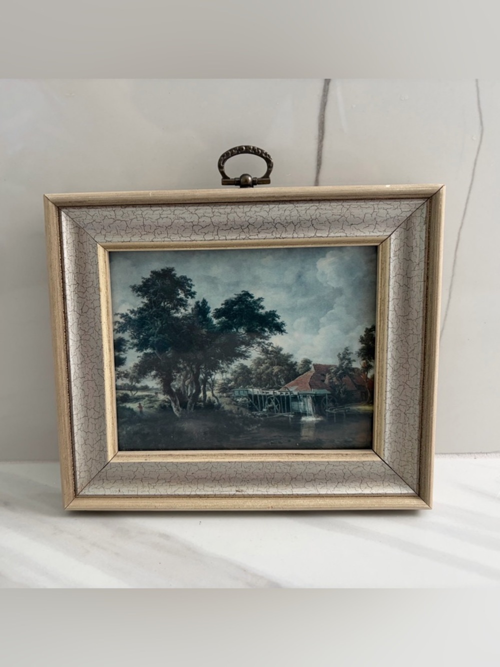 VTG Franklin Crafted Picture Frame Crackle Ornate Shabby Chic w/ Watermill Print